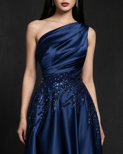 Satin Kleid Blue - One-Shoulder Abendkleid Satin A-Linie Aermellos Lang - Ansicht 4