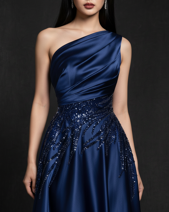 Satin Kleid Blue - One-Shoulder Abendkleid Satin A-Linie Aermellos Lang - Ansicht 4