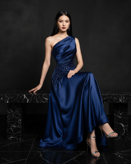 Satin Kleid Blue - One-Shoulder Abendkleid Satin A-Linie Aermellos Lang - Ansicht 5