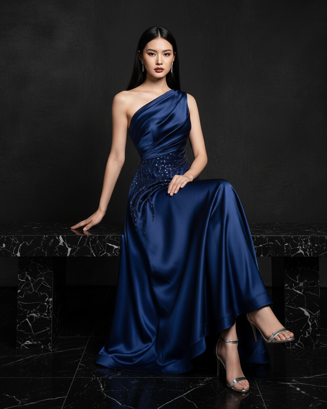 Satin Kleid Blue - One-Shoulder Abendkleid Satin A-Linie Aermellos Lang - Ansicht 5