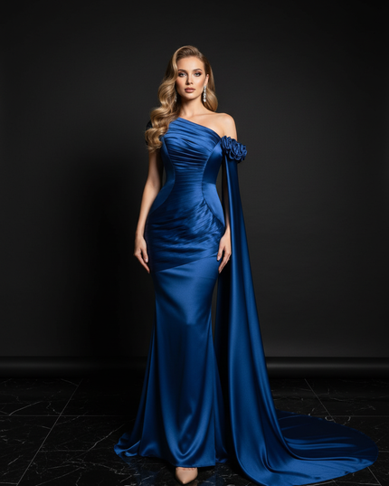 Satin Kleid Blue - One-Shoulder Meerjungfrau Abendkleid Satin Bodenlang - Ansicht 1