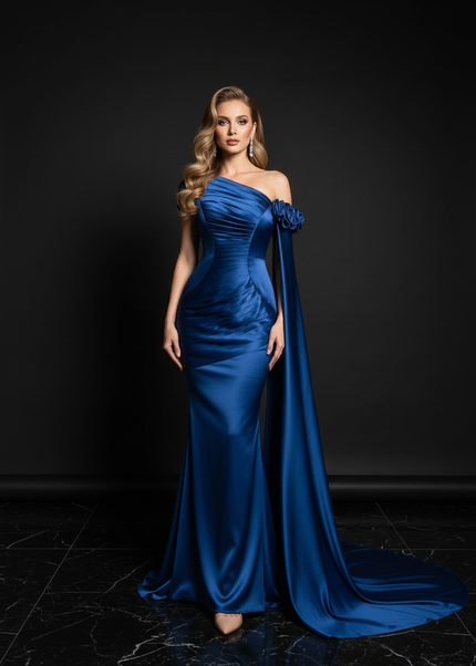 Satin Kleid Blue - One-Shoulder Meerjungfrau Abendkleid Satin Bodenlang - Ansicht 1