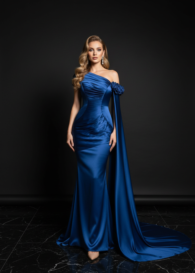 Satin Kleid Blue - One-Shoulder Meerjungfrau Abendkleid Satin Bodenlang - Ansicht 1