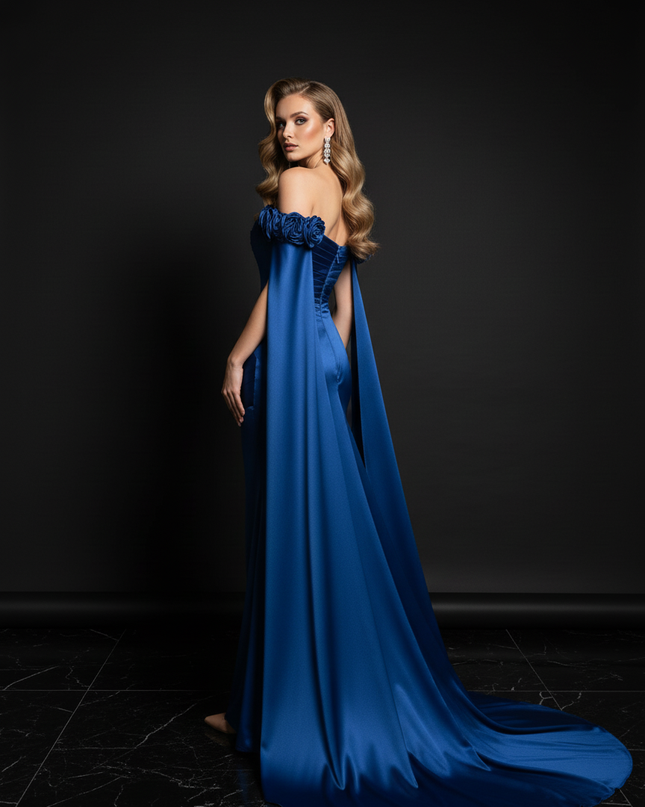 Satin Kleid Blue - One-Shoulder Meerjungfrau Abendkleid Satin Bodenlang - Ansicht 2
