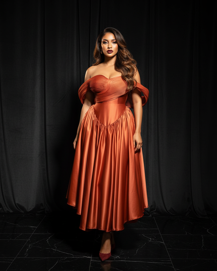 Satin Kleid Orange - Abendkleid Orange Off-Shoulder Plissee A-Linie Satin - Ansicht 1