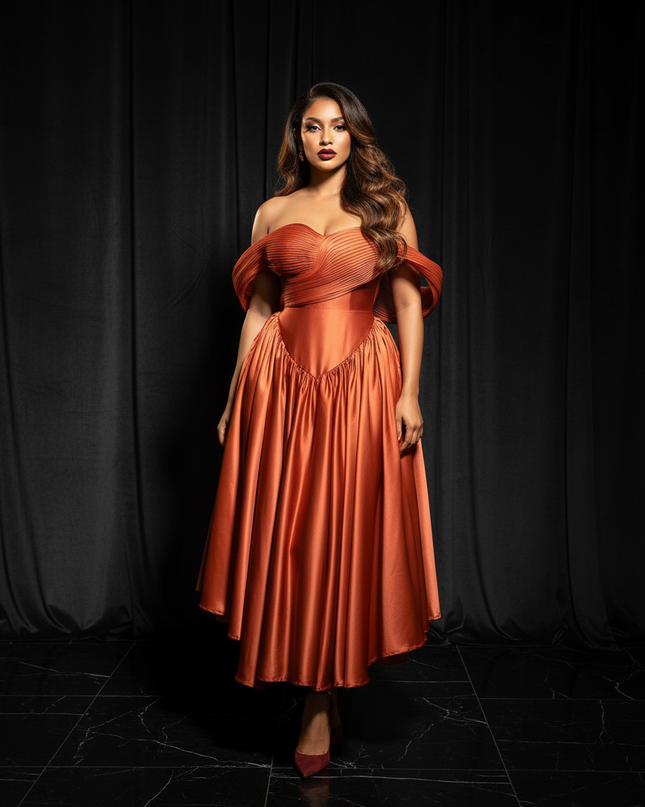 Satin Kleid Orange - Abendkleid Orange Off-Shoulder Plissee A-Linie Satin - Ansicht 1