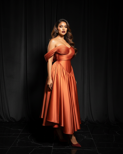 Satin Kleid Orange - Abendkleid Orange Off-Shoulder Plissee A-Linie Satin - Ansicht 3