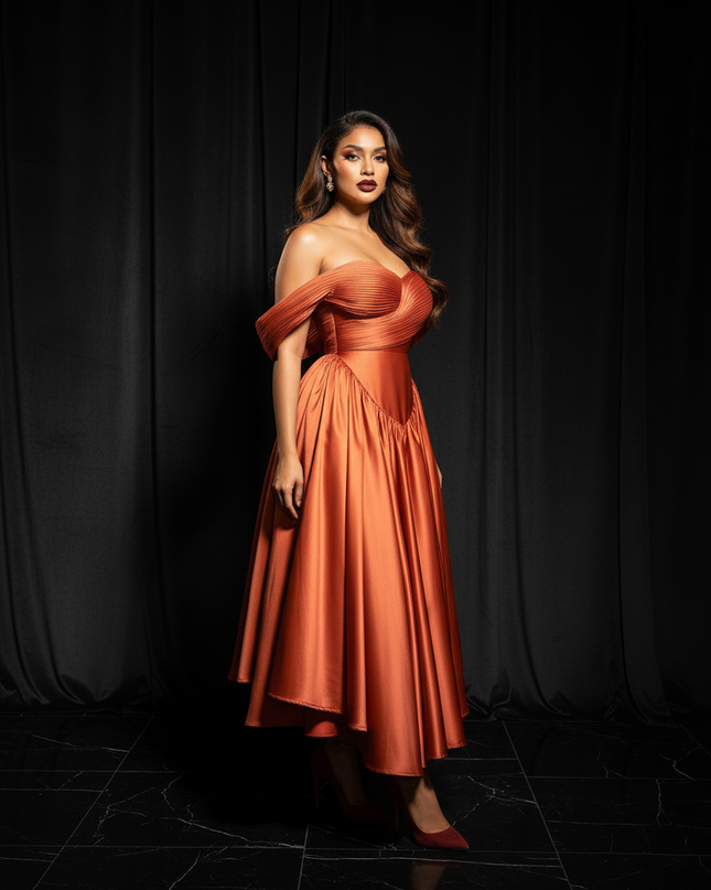 Satin Kleid Orange - Abendkleid Orange Off-Shoulder Plissee A-Linie Satin - Ansicht 3