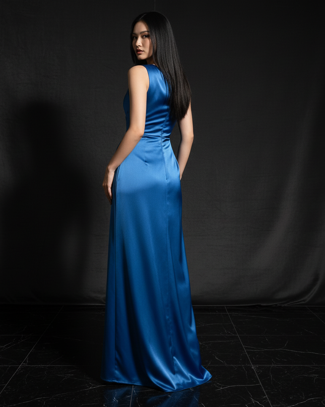 Satin Kleid - Satin Abendkleid Plissee Blau - One-Shoulder Schlitz - Ansicht 2