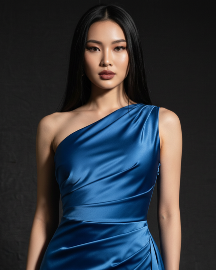 Satin Kleid - Satin Abendkleid Plissee Blau - One-Shoulder Schlitz - Ansicht 4