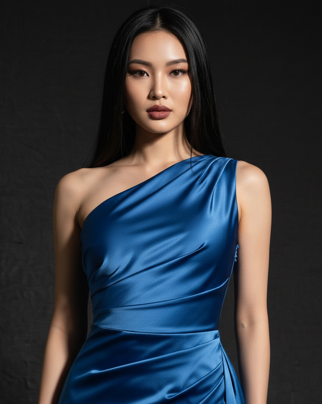 Satin Kleid - Satin Abendkleid Plissee Blau - One-Shoulder Schlitz - Ansicht 4