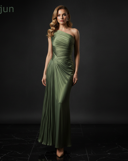 Satin Kleid Green - Plissee Abendkleid Gruen Aermellos Satin Bodenlang - Ansicht 1
