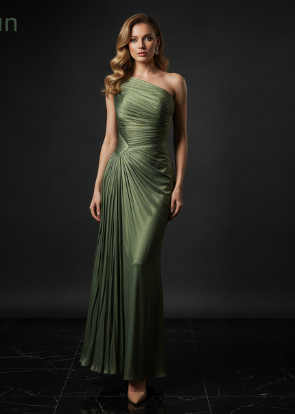 Satin Kleid Green - Plissee Abendkleid Gruen Aermellos Satin Bodenlang - Ansicht 1