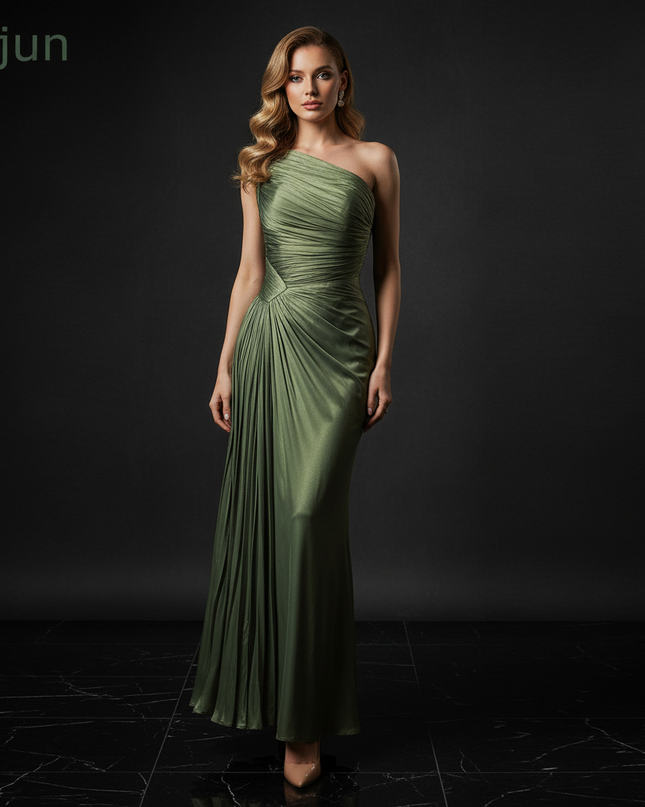 Satin Kleid Green - Plissee Abendkleid Gruen Aermellos Satin Bodenlang - Ansicht 1