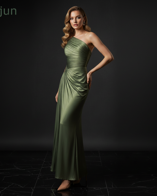 Satin Kleid Green - Plissee Abendkleid Gruen Aermellos Satin Bodenlang - Ansicht 3