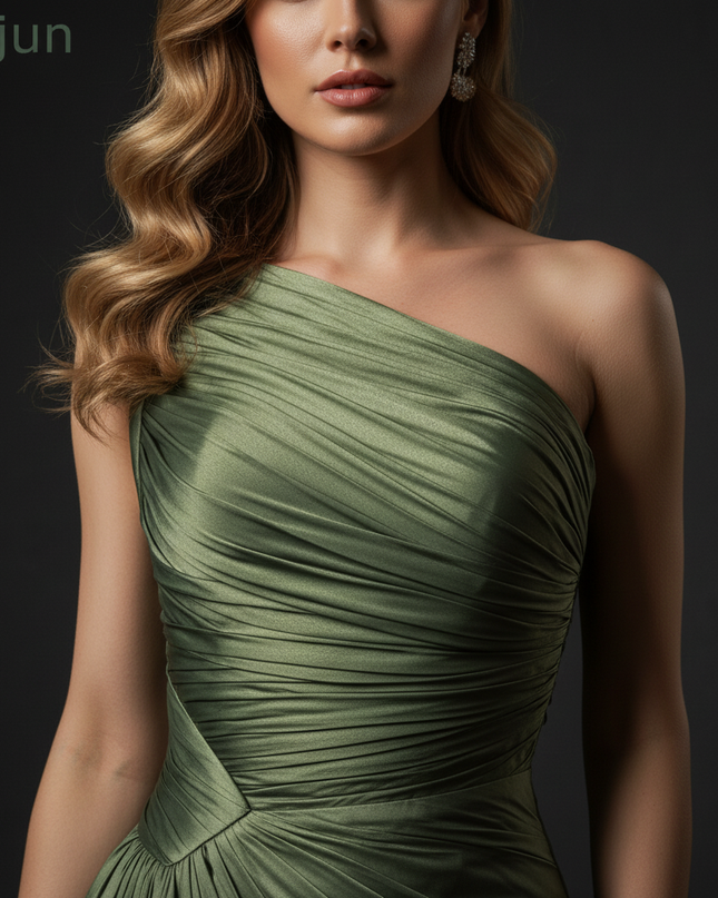 Satin Kleid Green - Plissee Abendkleid Gruen Aermellos Satin Bodenlang - Ansicht 4