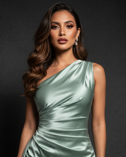 Satin Kleid - Satin Abendkleid Plissee Gruen - One-Shoulder Schlitz - Ansicht 4