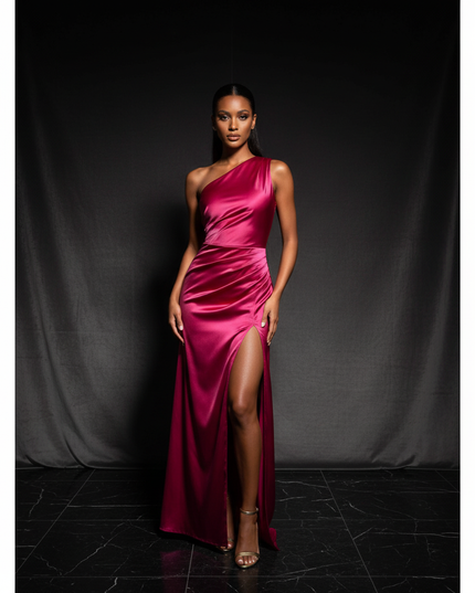 Satin Kleid - Satin Abendkleid Plissee Rosa - One-Shoulder Schlitz - Ansicht 1