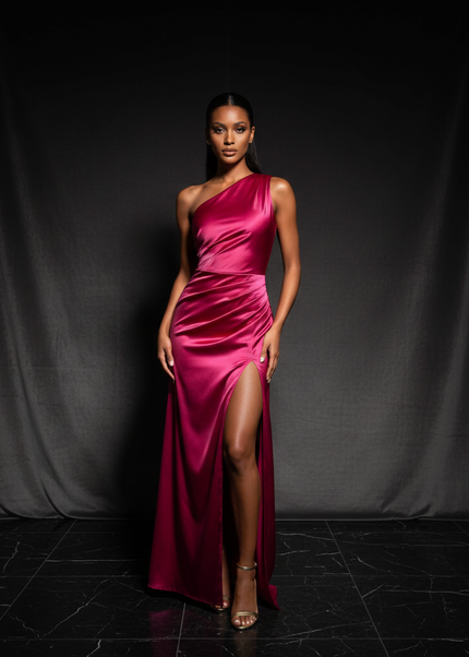 Satin Kleid - Satin Abendkleid Plissee Rosa - One-Shoulder Schlitz - Ansicht 1