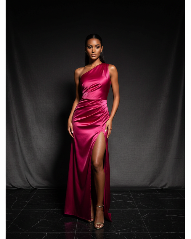 Satin Kleid - Satin Abendkleid Plissee Rosa - One-Shoulder Schlitz - Ansicht 1