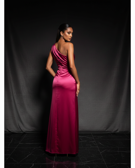 Satin Kleid - Satin Abendkleid Plissee Rosa - One-Shoulder Schlitz - Ansicht 2