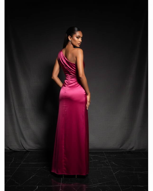 Satin Kleid - Satin Abendkleid Plissee Rosa - One-Shoulder Schlitz - Ansicht 2
