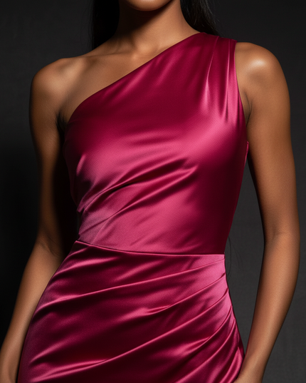 Satin Kleid - Satin Abendkleid Plissee Rosa - One-Shoulder Schlitz - Ansicht 4
