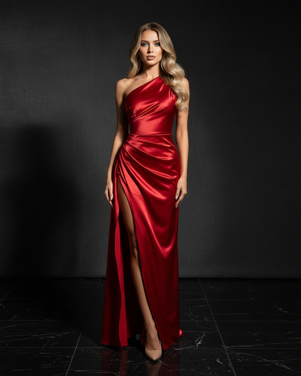 Satin Kleid - Satin Abendkleid Plissee Rot - One-Shoulder mit Schlitz - Ansicht 1