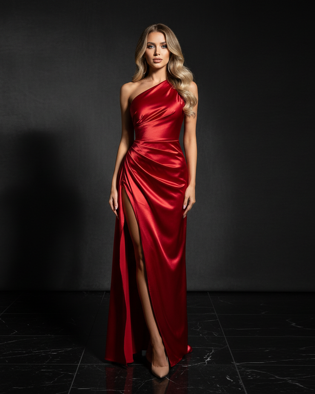 Satin Kleid - Satin Abendkleid Plissee Rot - One-Shoulder mit Schlitz - Ansicht 1