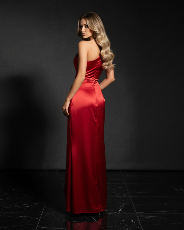 Satin Kleid - Satin Abendkleid Plissee Rot - One-Shoulder mit Schlitz - Ansicht 2