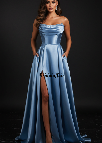 Satin Kleid - Satin Abendkleid Prinzessin Blau - Dusty Blue Corsage - Ansicht 1