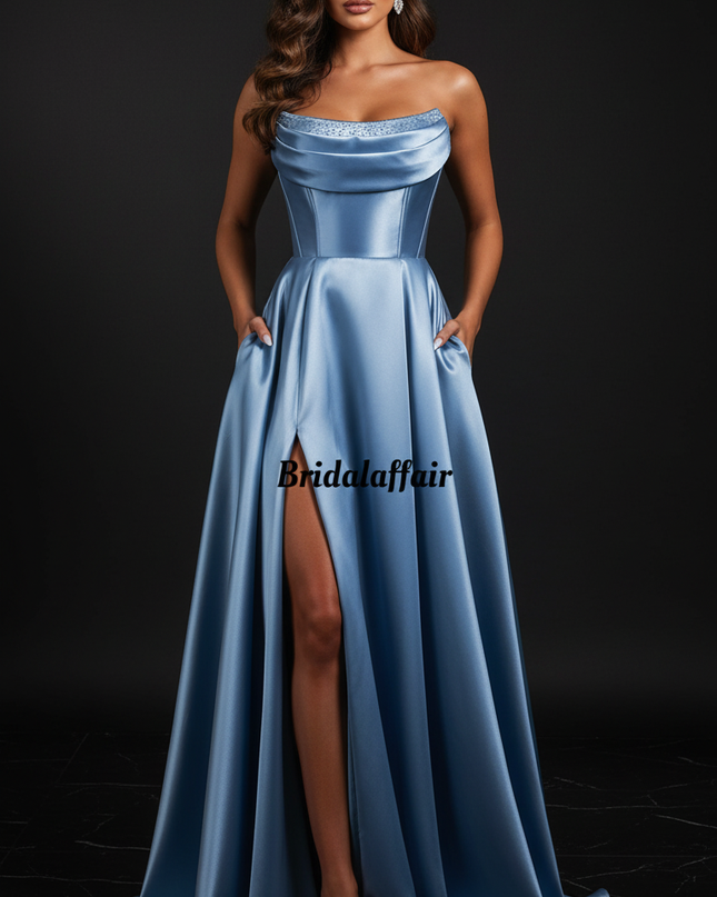 Satin Kleid - Satin Abendkleid Prinzessin Blau - Dusty Blue Corsage - Ansicht 1