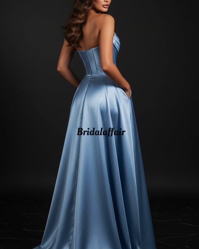 Satin Kleid - Satin Abendkleid Prinzessin Blau - Dusty Blue Corsage - Ansicht 2