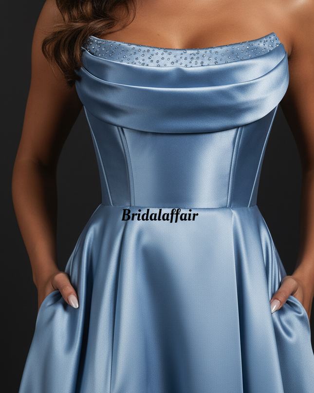 Satin Kleid - Satin Abendkleid Prinzessin Blau - Dusty Blue Corsage - Ansicht 4