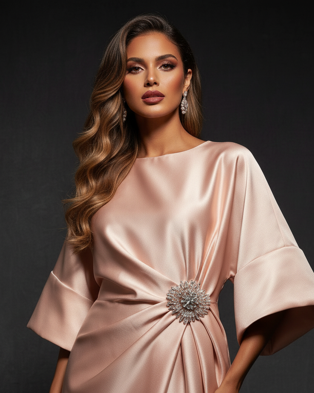Satin Kleid - Satin Abendkleid Prinzessin Rosa - A-Linie Halbarm - Ansicht 4