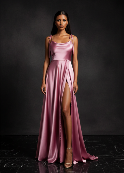 Satin Kleid - Satin Abendkleid Puderrosa - Cowl Neck lang - Ansicht 1