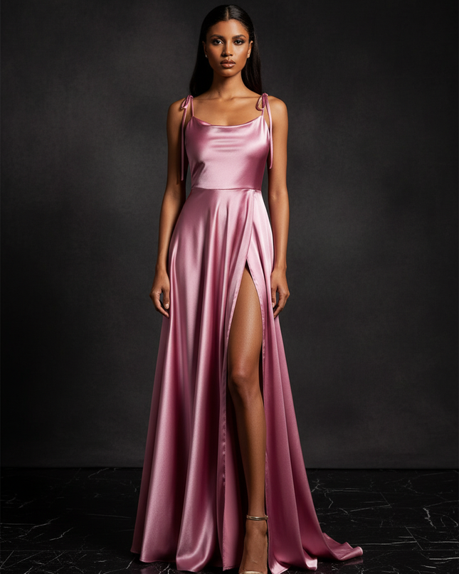 Satin Kleid - Satin Abendkleid Puderrosa - Cowl Neck lang - Ansicht 1