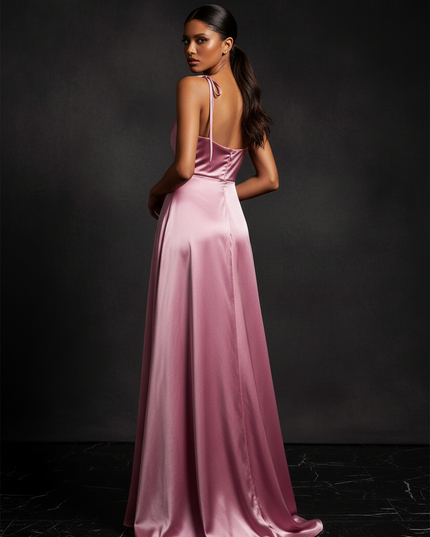 Satin Kleid - Satin Abendkleid Puderrosa - Cowl Neck lang - Ansicht 2