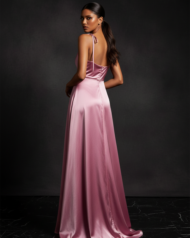 Satin Kleid - Satin Abendkleid Puderrosa - Cowl Neck lang - Ansicht 2