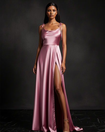 Satin Kleid - Satin Abendkleid Puderrosa - Cowl Neck lang - Ansicht 3