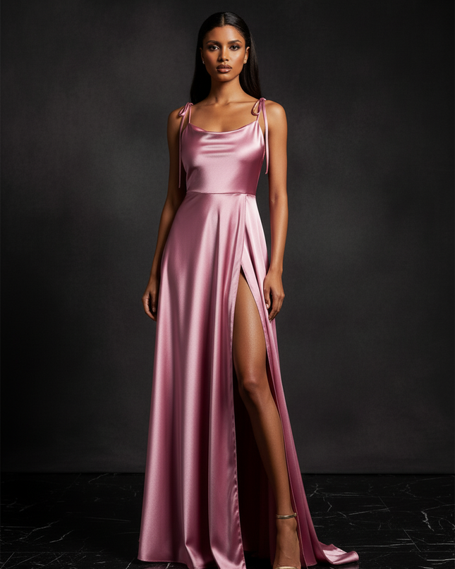 Satin Kleid - Satin Abendkleid Puderrosa - Cowl Neck lang - Ansicht 3