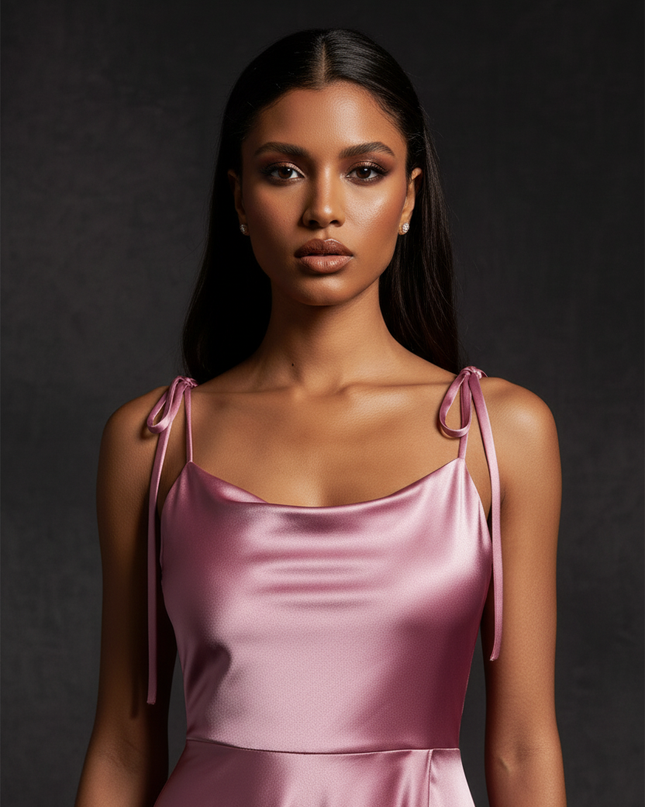Satin Kleid - Satin Abendkleid Puderrosa - Cowl Neck lang - Ansicht 4