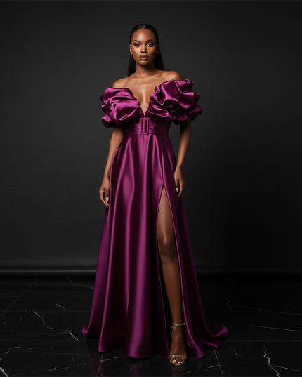 Satin Kleid Purple - Puffaermel Abendkleid Satin A-Linie Festlich Lang - Ansicht 1