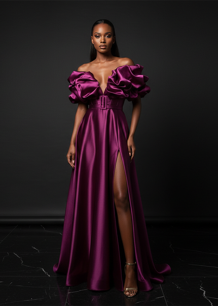 Satin Kleid Purple - Puffaermel Abendkleid Satin A-Linie Festlich Lang - Ansicht 1