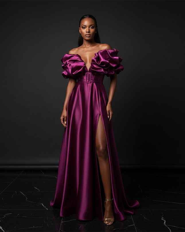 Satin Kleid Purple - Puffaermel Abendkleid Satin A-Linie Festlich Lang - Ansicht 1