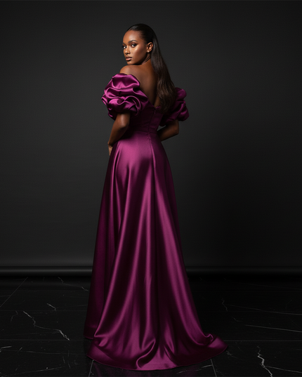Satin Kleid Purple - Puffaermel Abendkleid Satin A-Linie Festlich Lang - Ansicht 2