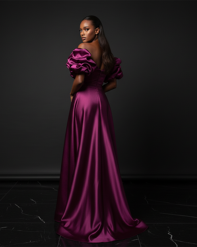 Satin Kleid Purple - Puffaermel Abendkleid Satin A-Linie Festlich Lang - Ansicht 2