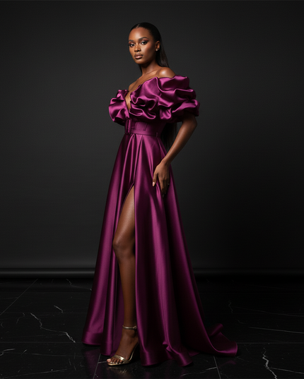Satin Kleid Purple - Puffaermel Abendkleid Satin A-Linie Festlich Lang - Ansicht 3
