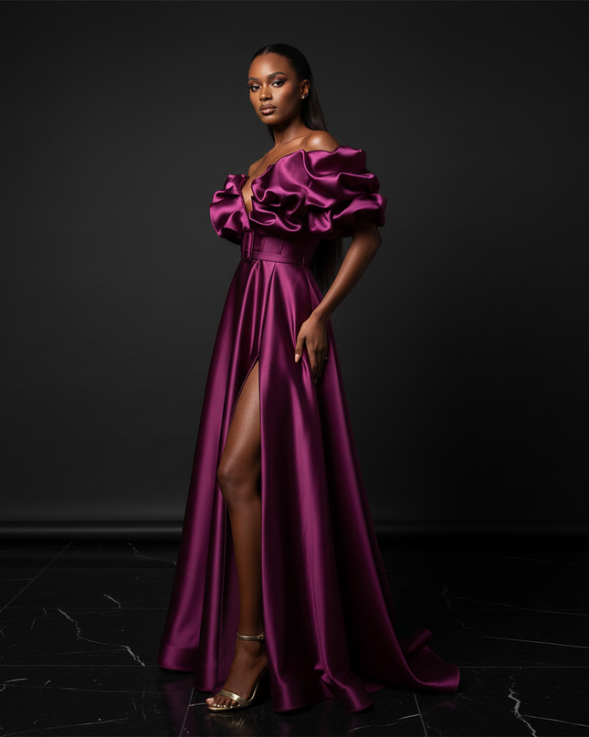 Satin Kleid Purple - Puffaermel Abendkleid Satin A-Linie Festlich Lang - Ansicht 3