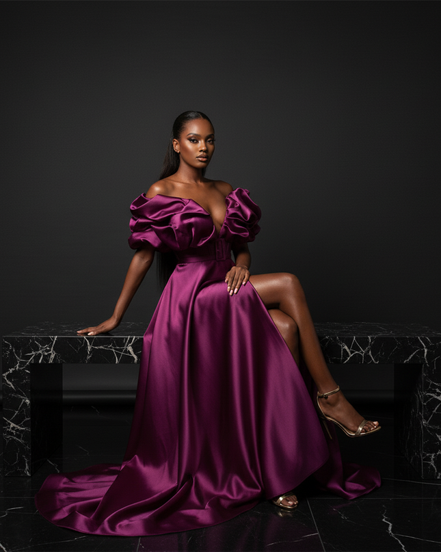 Satin Kleid Purple - Puffaermel Abendkleid Satin A-Linie Festlich Lang - Ansicht 5